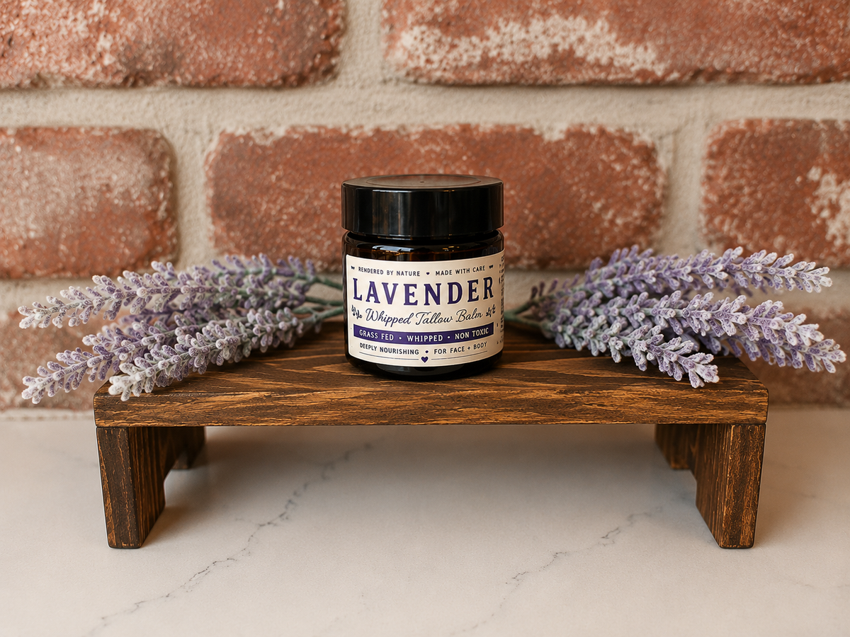 Homestead Tallow Lavender balm in 1 oz and 4 oz sizes