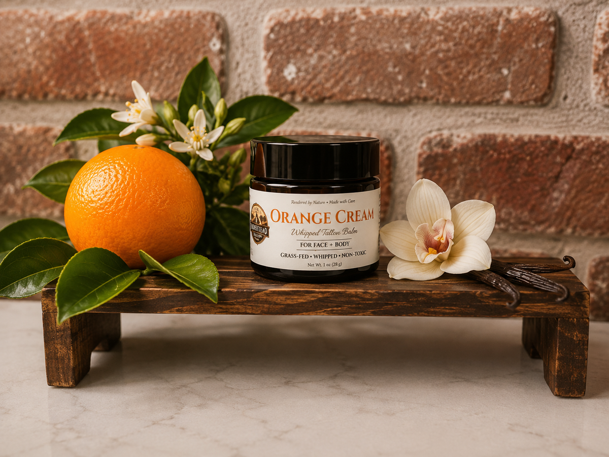 Homestead Tallow Orange Cream balm in 1 oz and 4 oz sizes